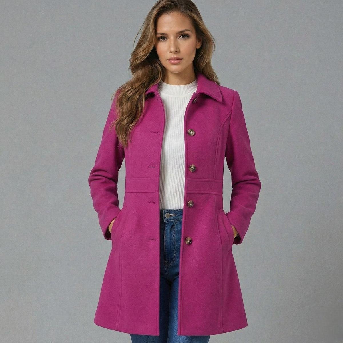 Manteau Ligne A Boutonné à Col Classique – Rose