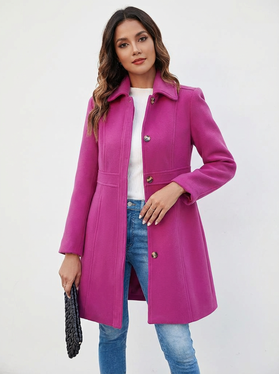 Manteau Ligne A Boutonné à Col Classique – Rose