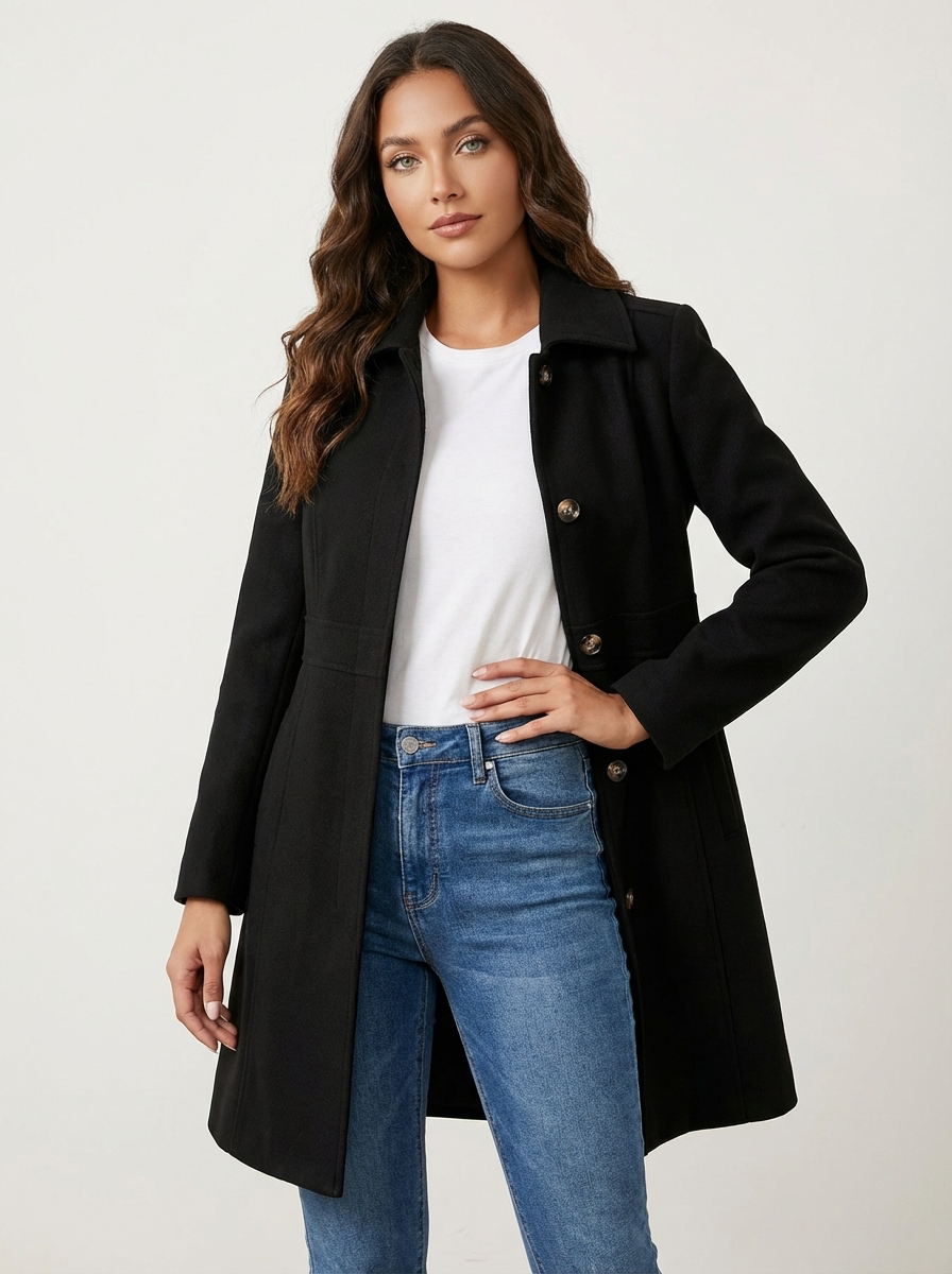 Manteau Ligne A Boutonné à Col Classique – Noir