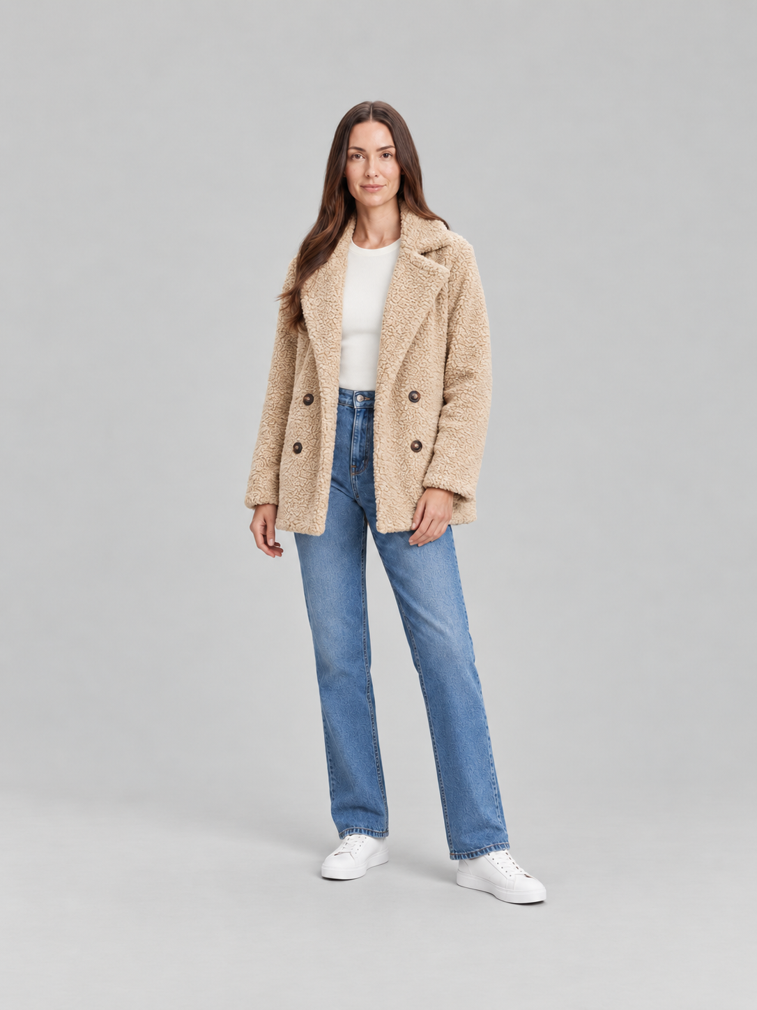 Veste Teddy Courte à Revers Femme – Beige