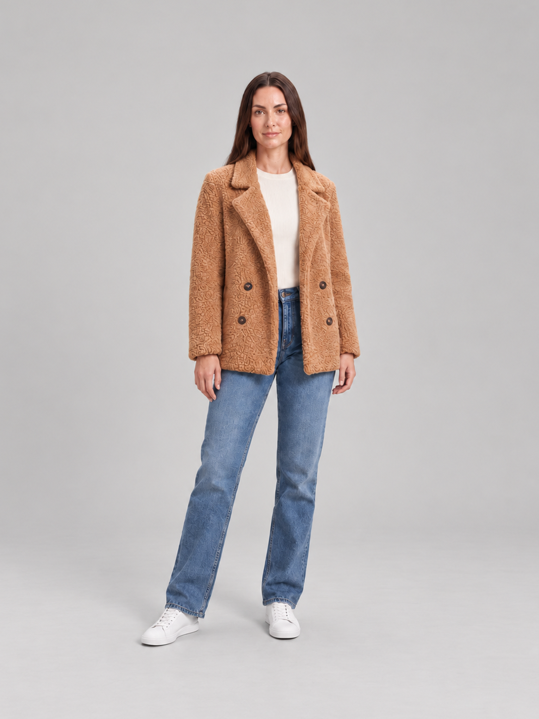 Veste teddy courte à revers femme camel, vue de face