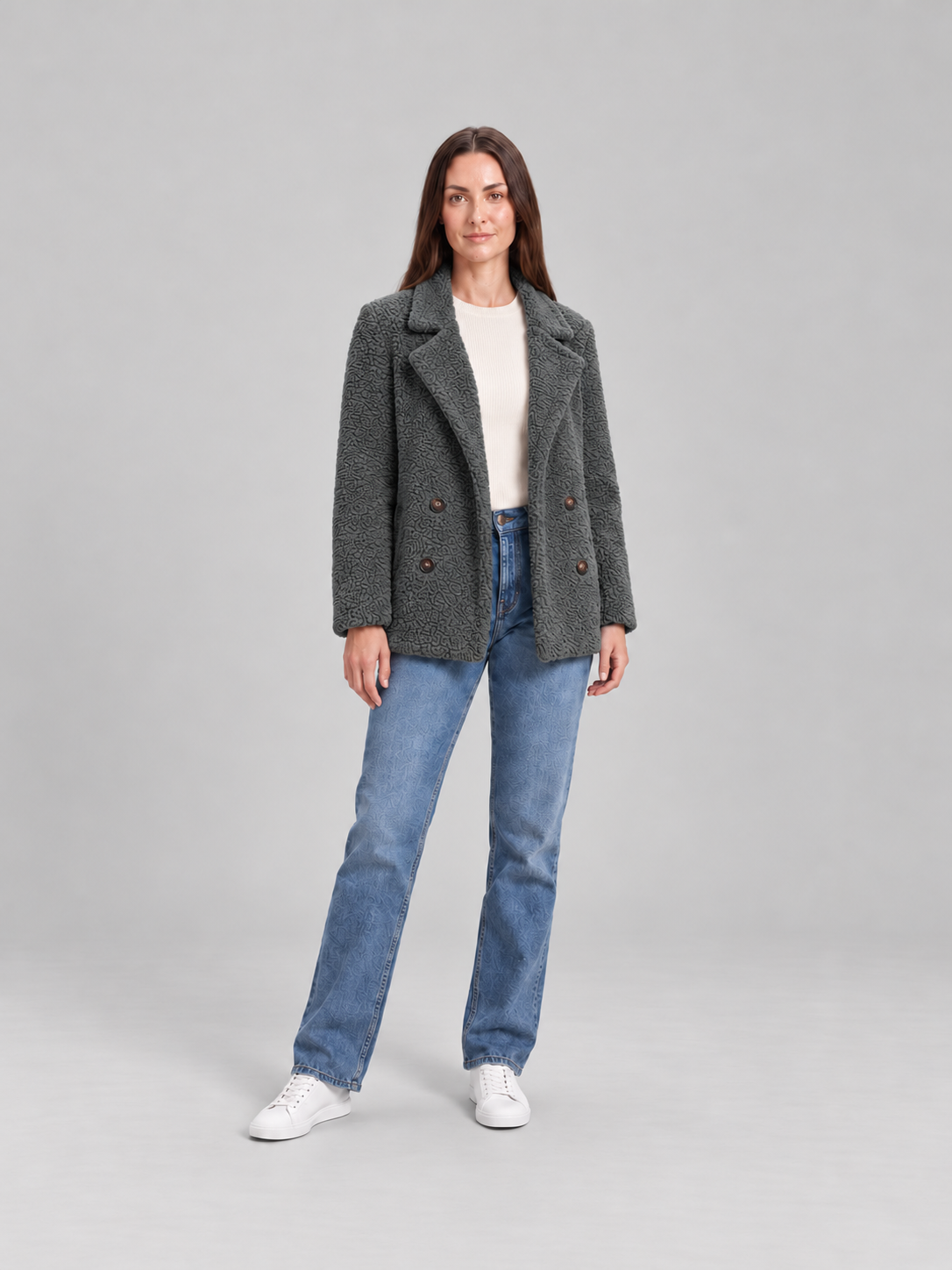Veste Teddy Courte à Revers Femme – Gris foncé