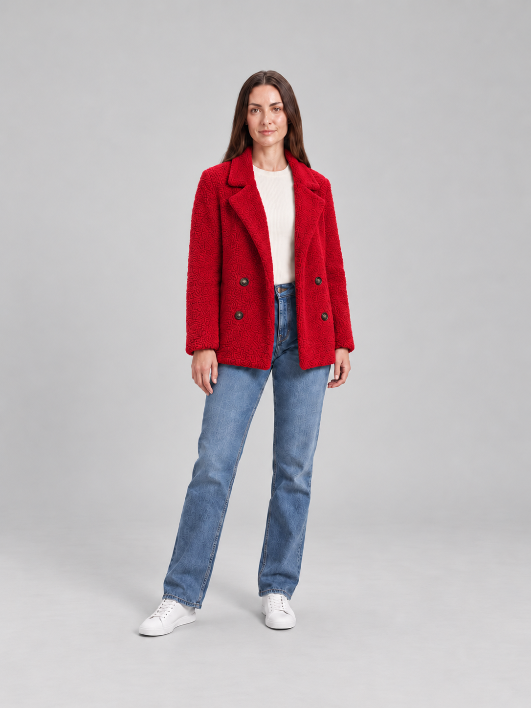 Veste Teddy Courte à Revers Femme – Rouge