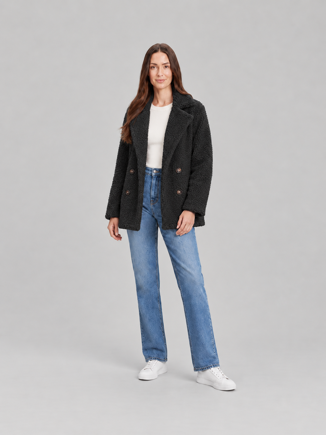 Veste Teddy Courte à Revers Femme – Noir