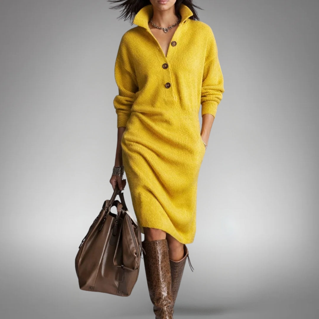 Robe Midi en Maille à Col Montant Boutonné – Jaune