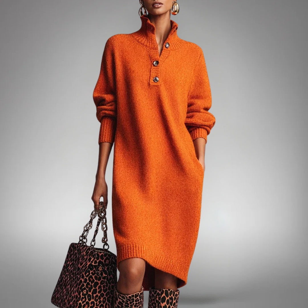 Robe Midi en Maille à Col Montant Boutonné – Orange