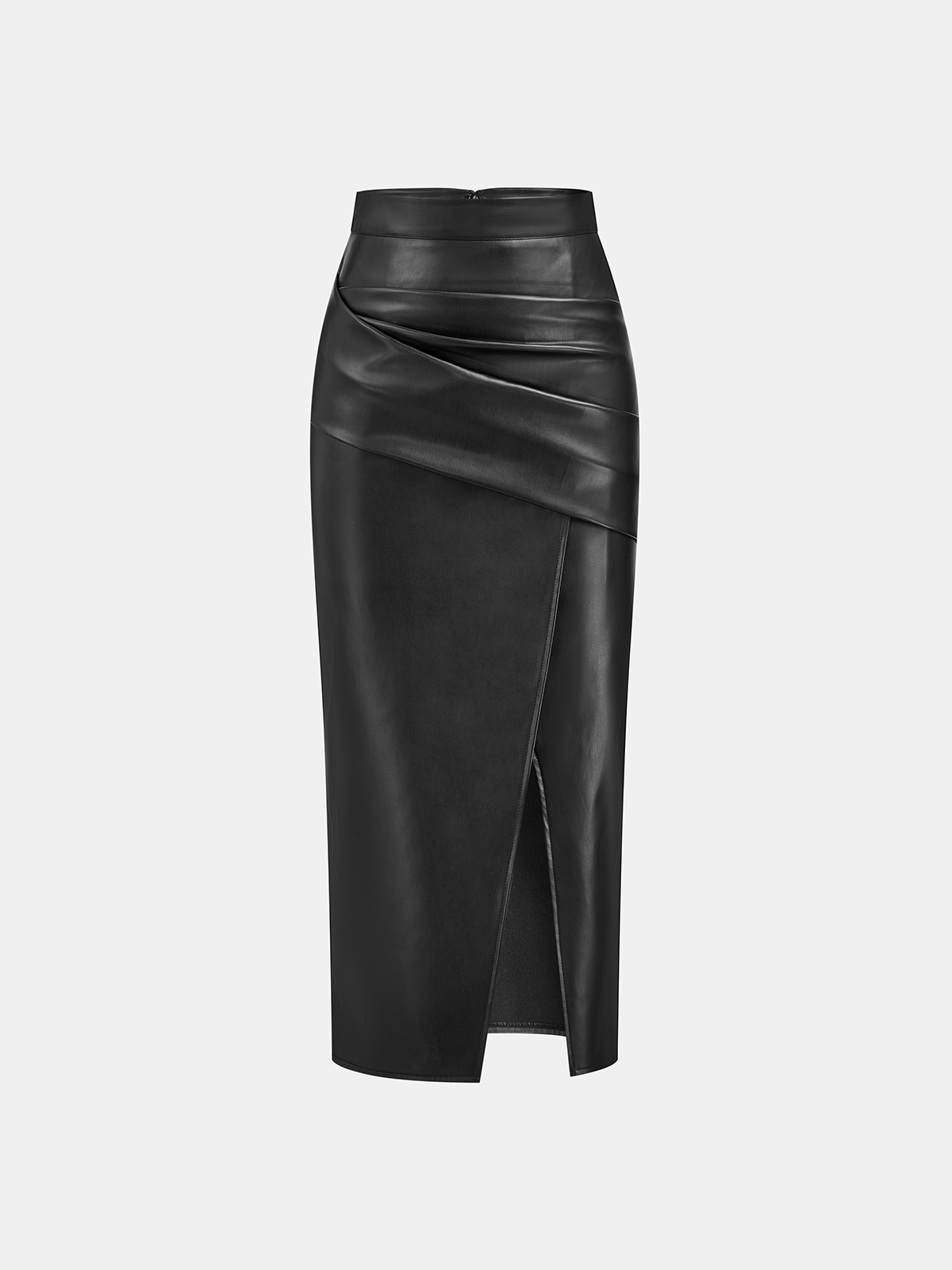 Jupe Midi en Similicuir Taille Haute avec Fente – Noir
