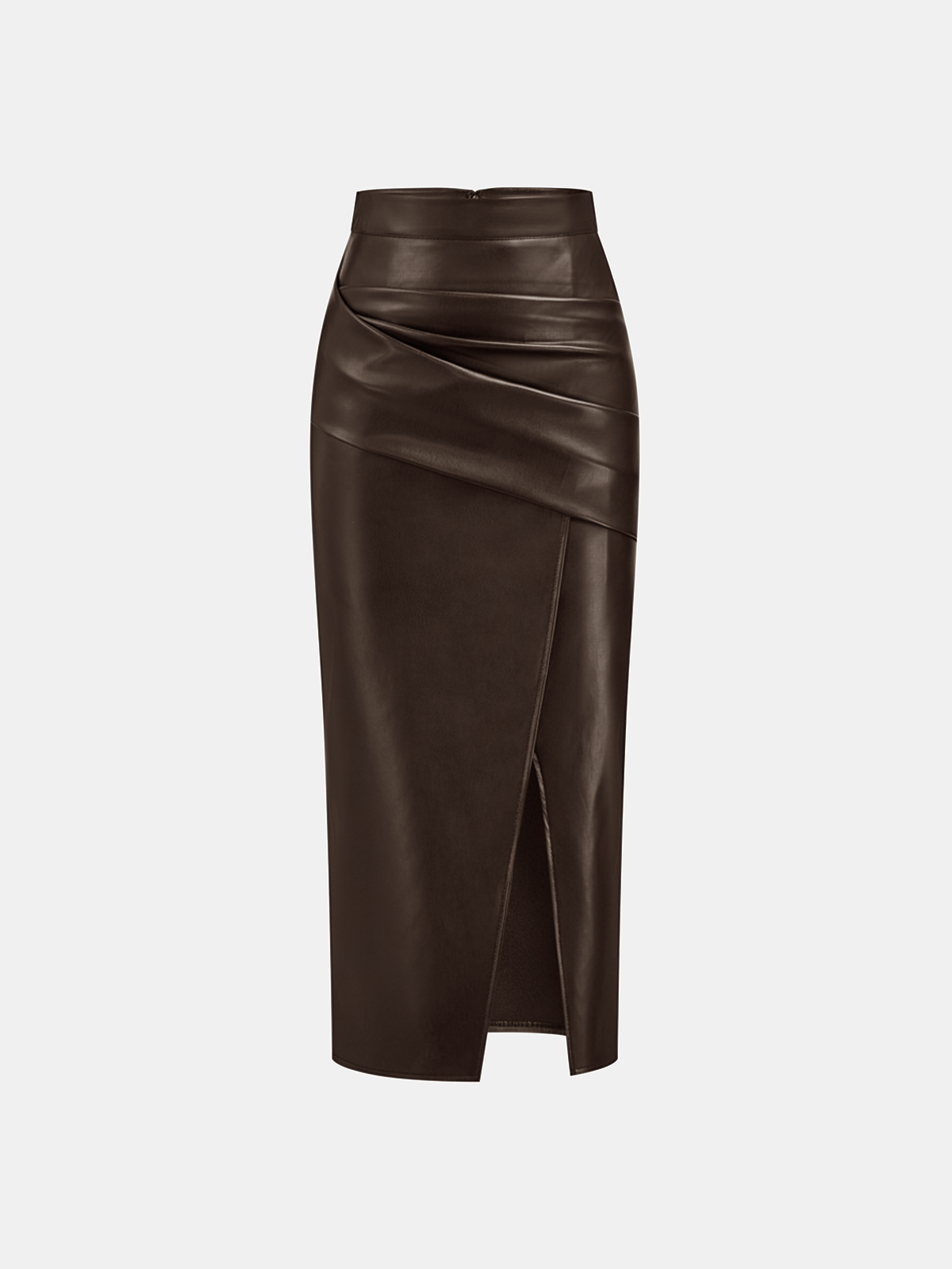 Jupe Midi en Similicuir Taille Haute avec Fente – Marron