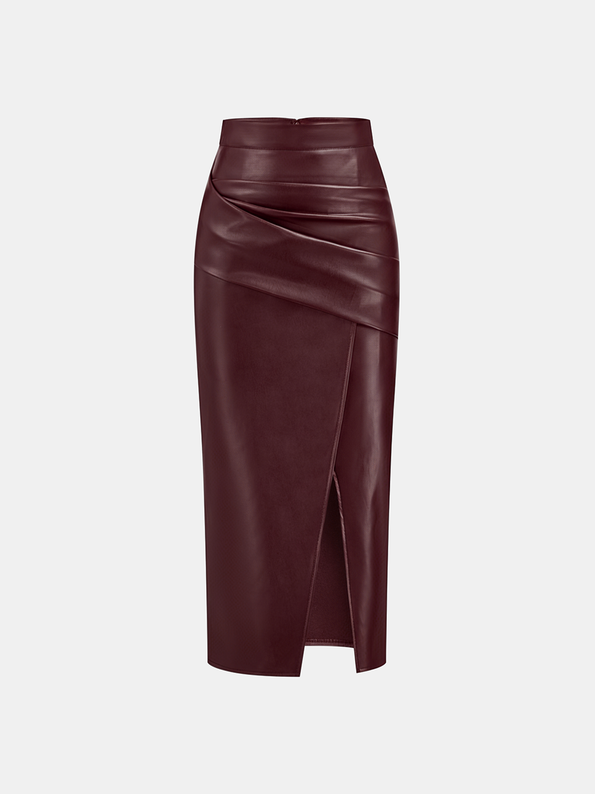 Jupe Midi en Similicuir Taille Haute avec Fente – Bordeaux