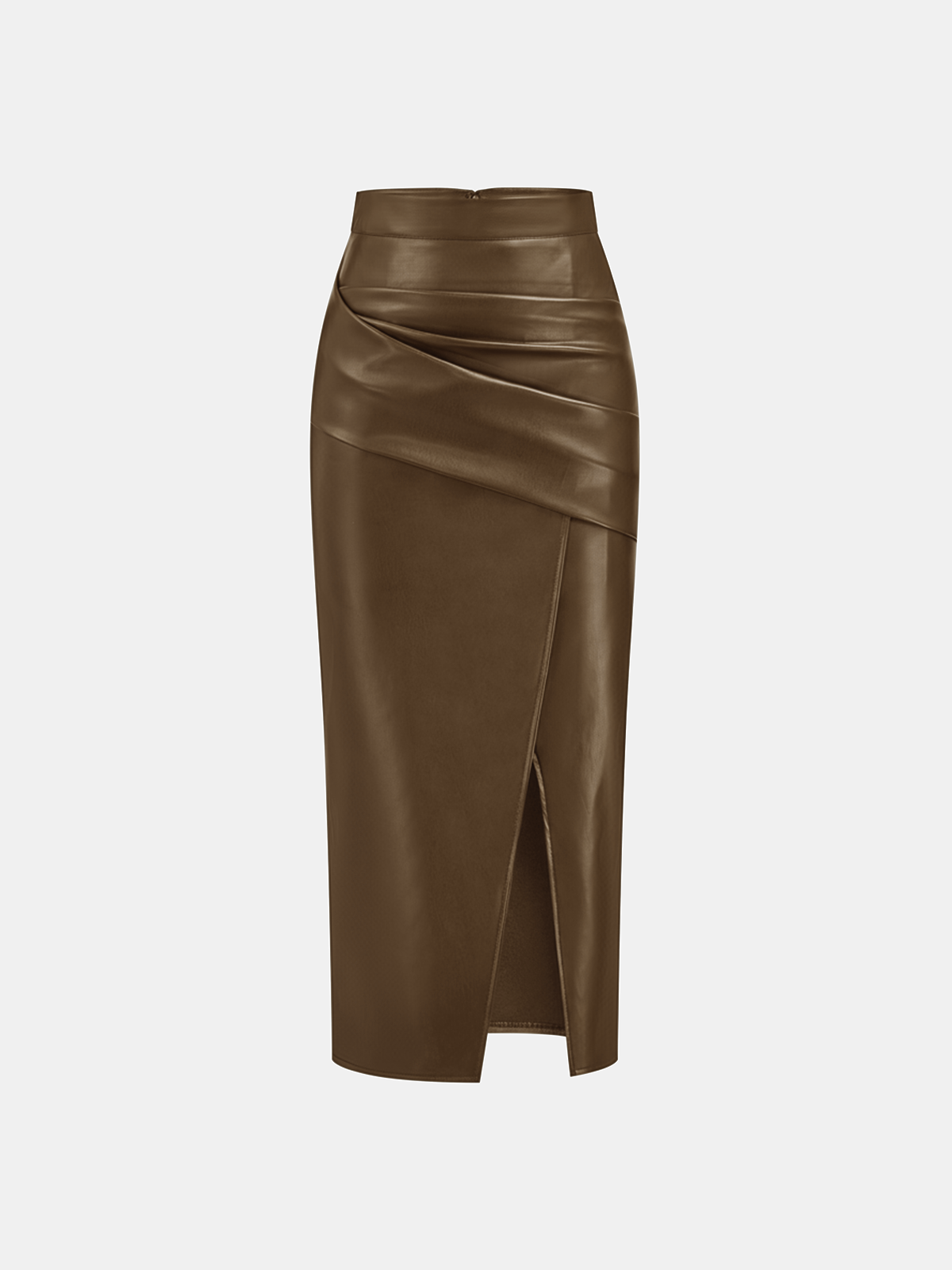 Jupe Midi en Similicuir Taille Haute avec Fente – Marron clair