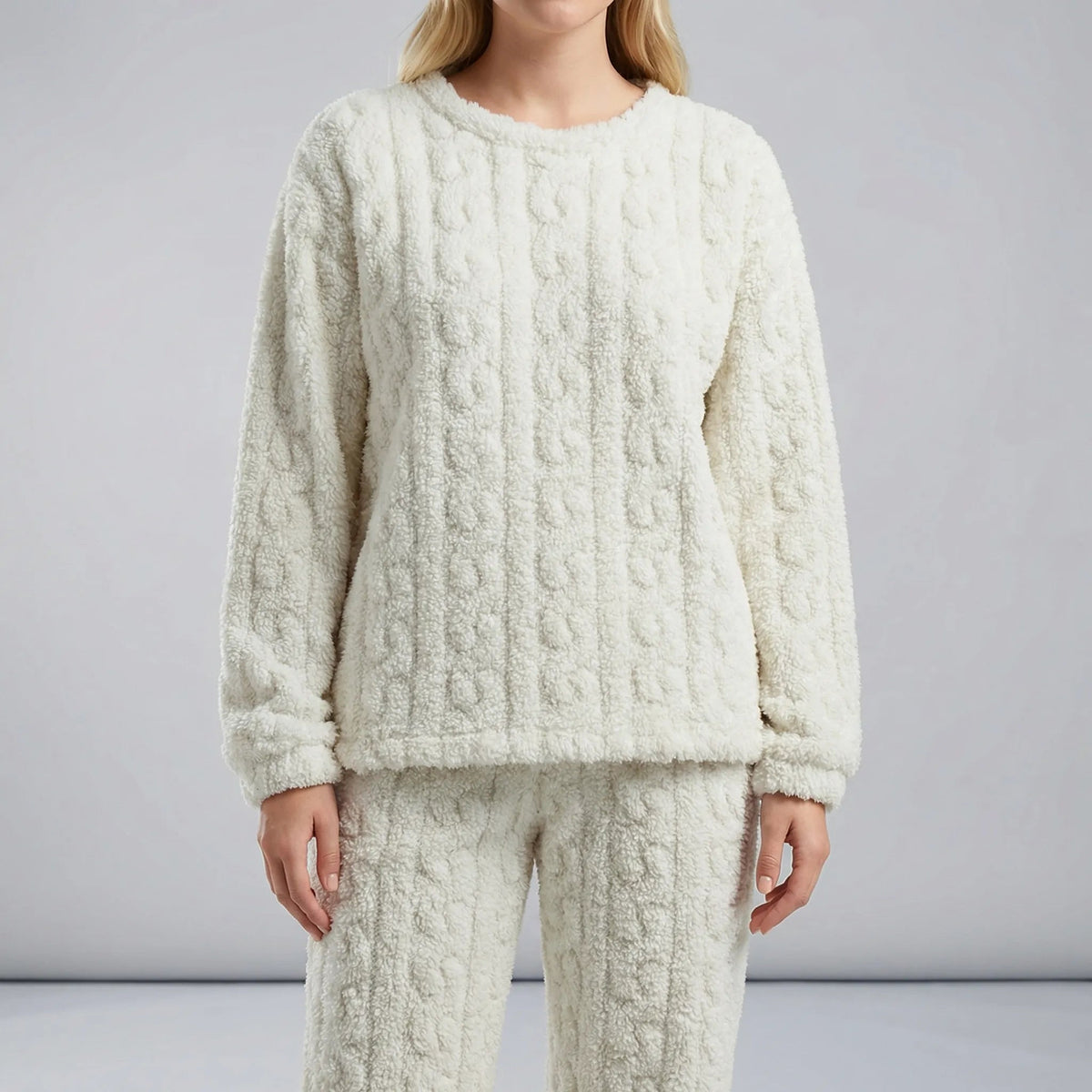 Pyjama Gratté Torsadé à Manches Longues – Blanc