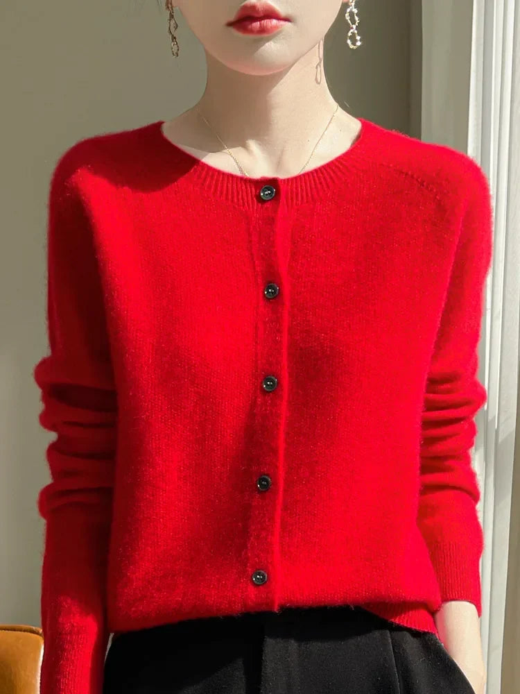 Gilet en Maille Fine de Coton Col Rond – Rouge