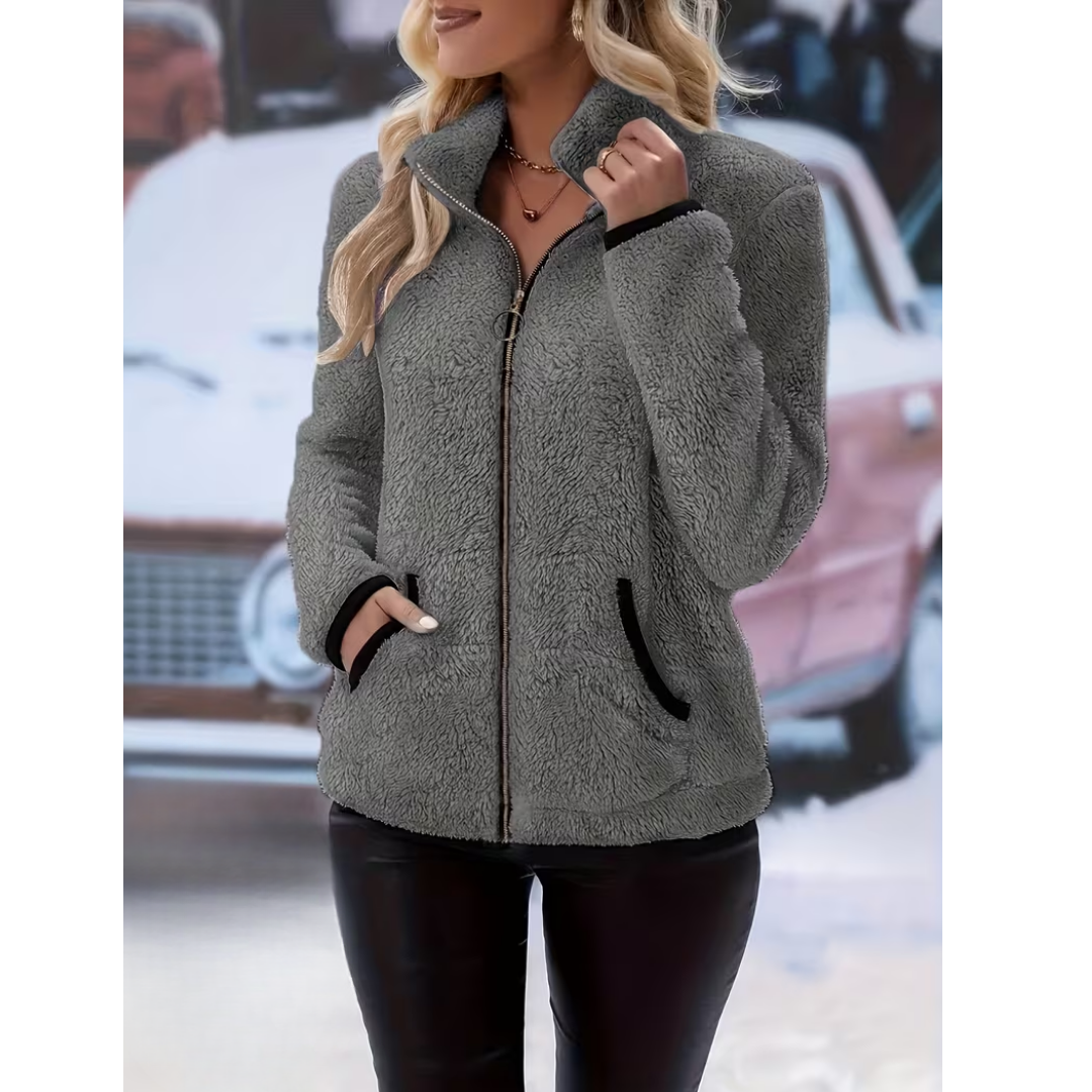 Veste Teddy Zippée Col Montant à Finitions Contrastées – Gris