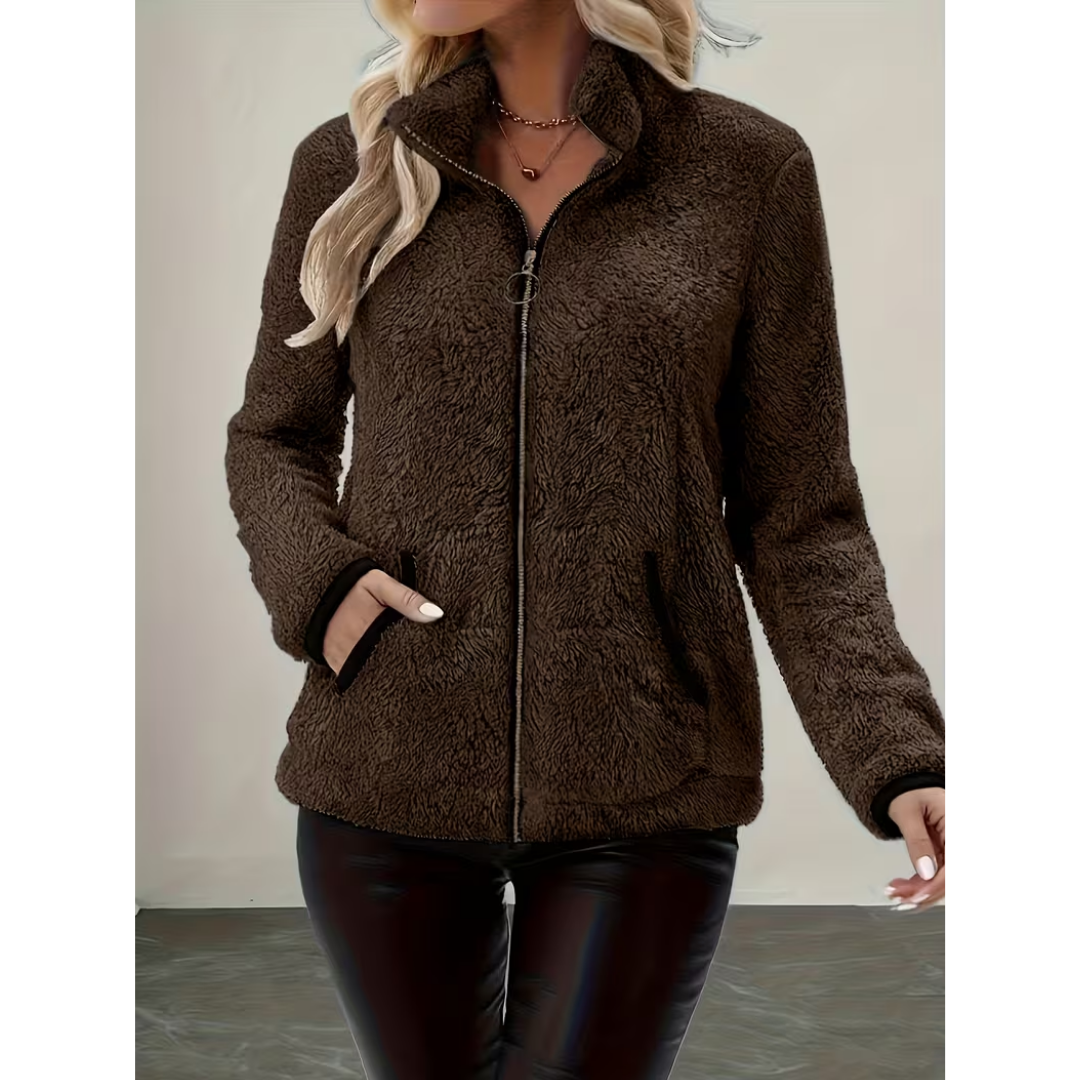Veste Teddy Zippée Col Montant à Finitions Contrastées – Marron foncé
