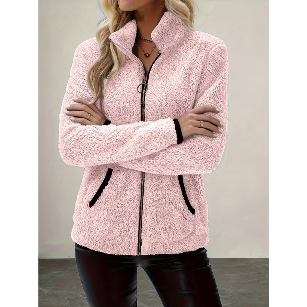 Veste Teddy Zippée Col Montant à Finitions Contrastées – Rose