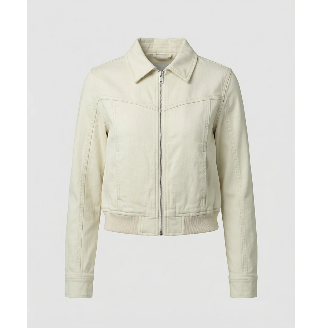 Veste Courte Rétro Zippée à Col Classique – Beige