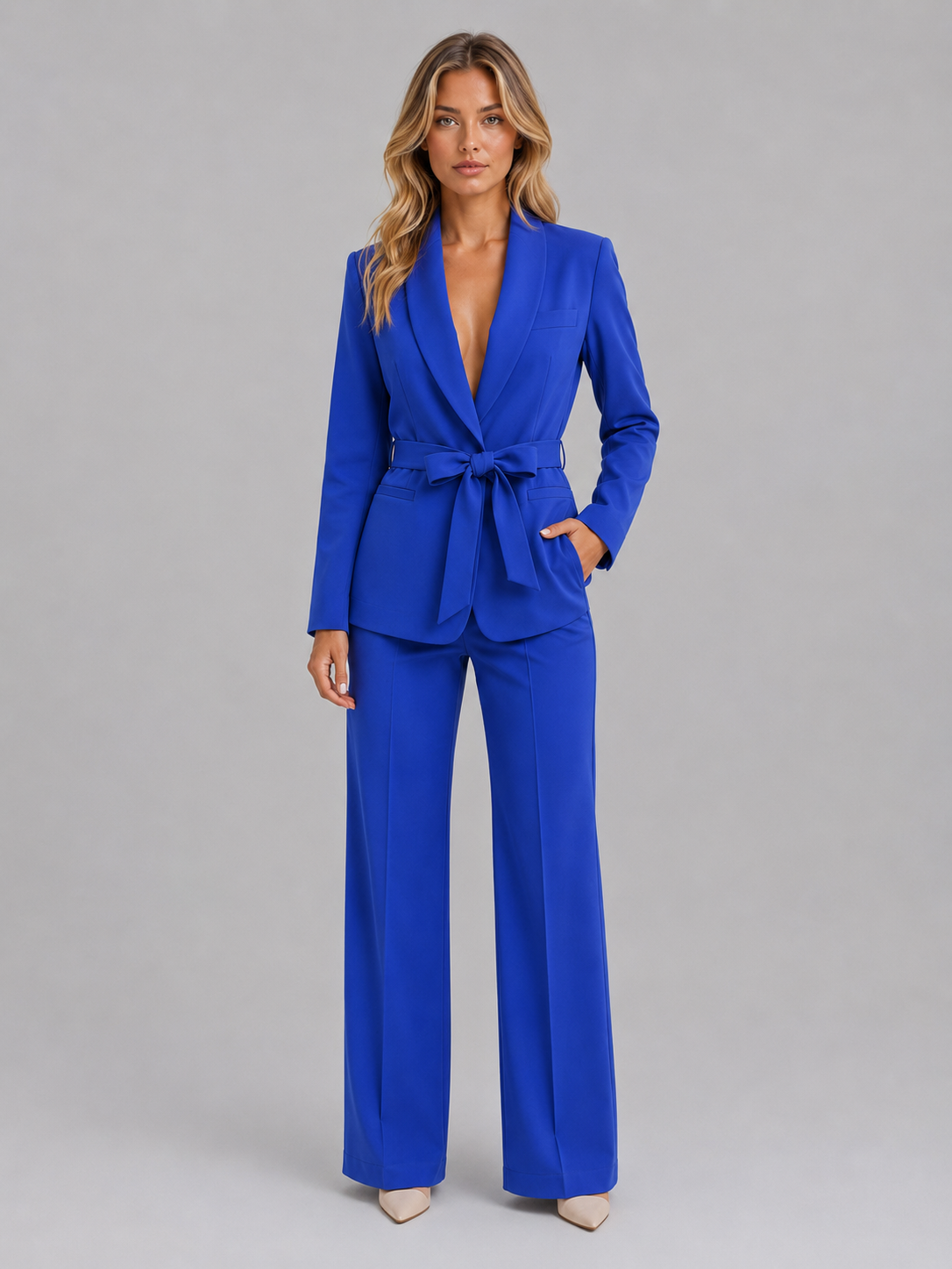 Tailleur Pantalon Blazer Ceinturé et Pantalon Large – Bleu