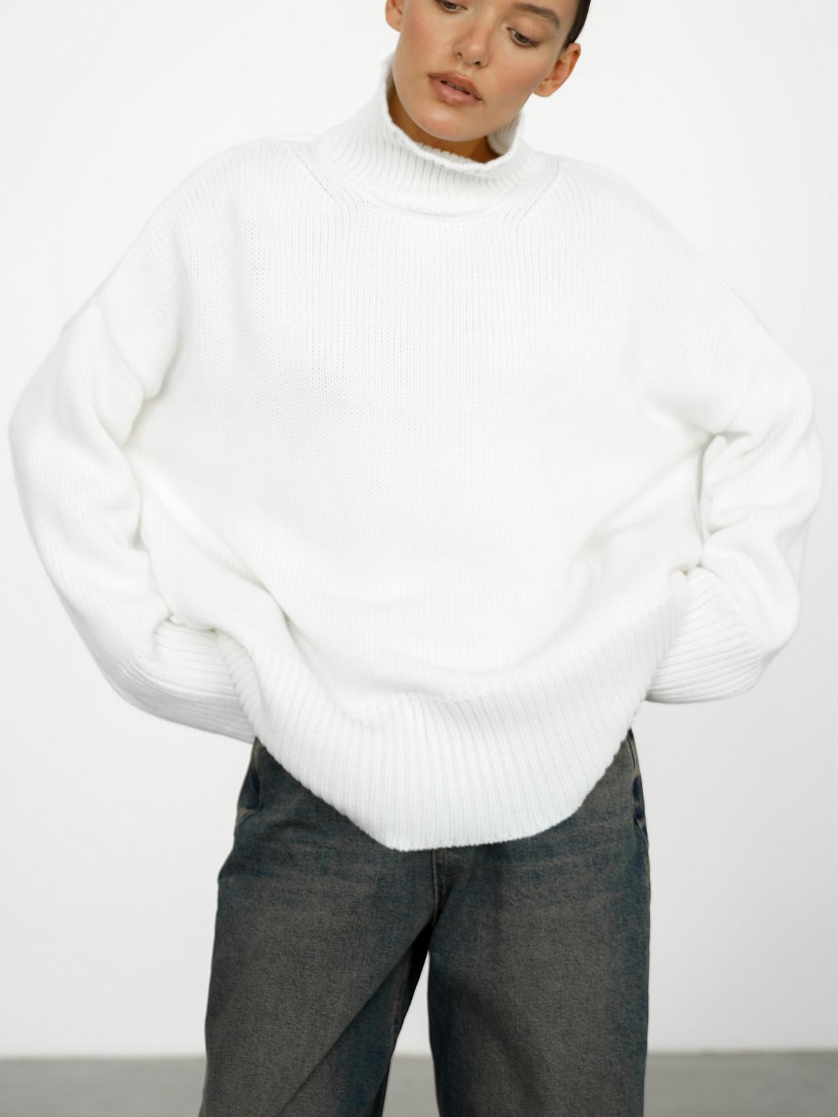 Pull Col Roulé en Maille Mélange Laine – vue 3