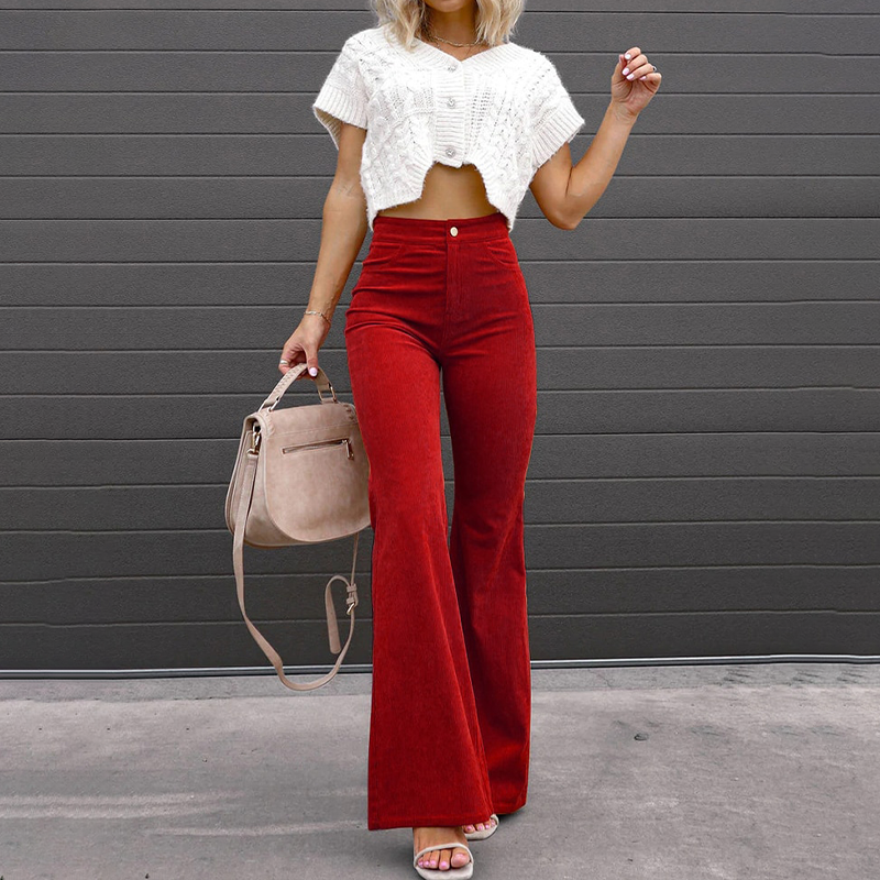 Pantalon Évasé en Velours Côtelé Taille Haute – Rouge
