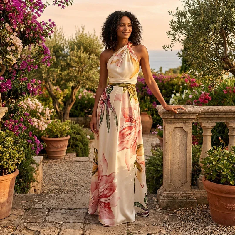 Robe Longue Imprimée à Encolure Asymétrique – Rose clair imprimé