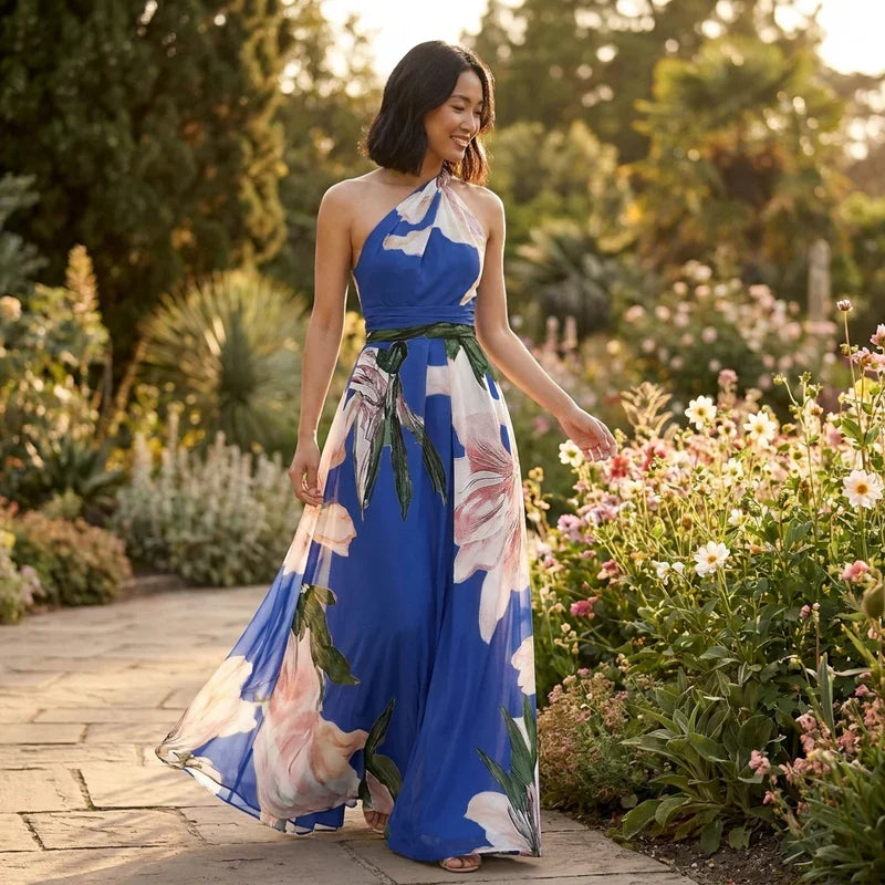 Robe Longue Imprimée à Encolure Asymétrique – Bleu foncé imprimé