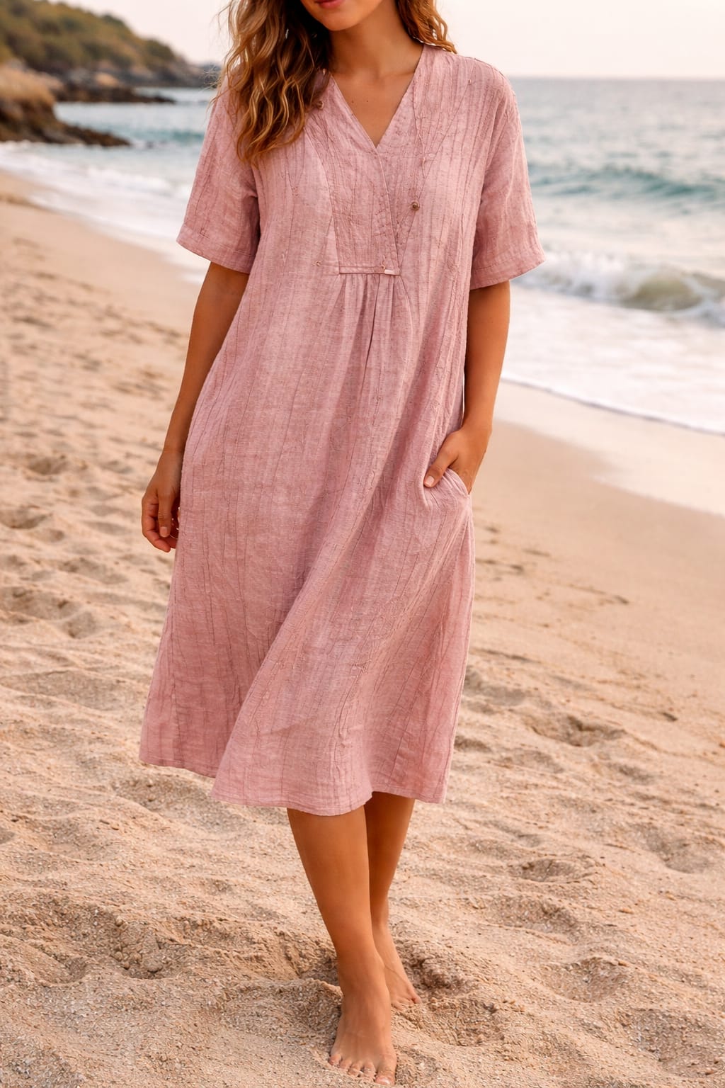 Robe Midi en Lin Col V à Poches – Rose