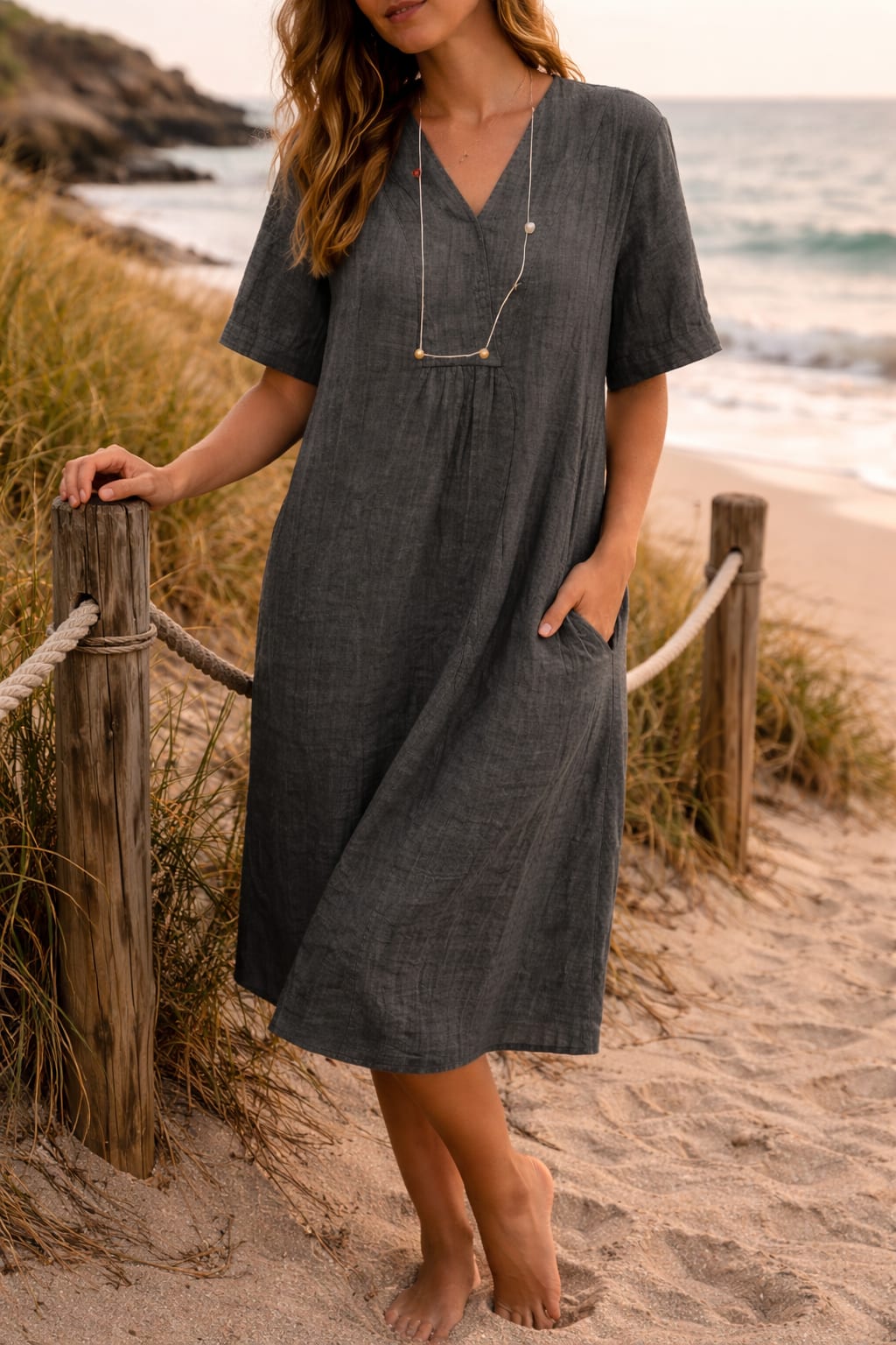 Robe Midi en Lin Col V à Poches – Noir