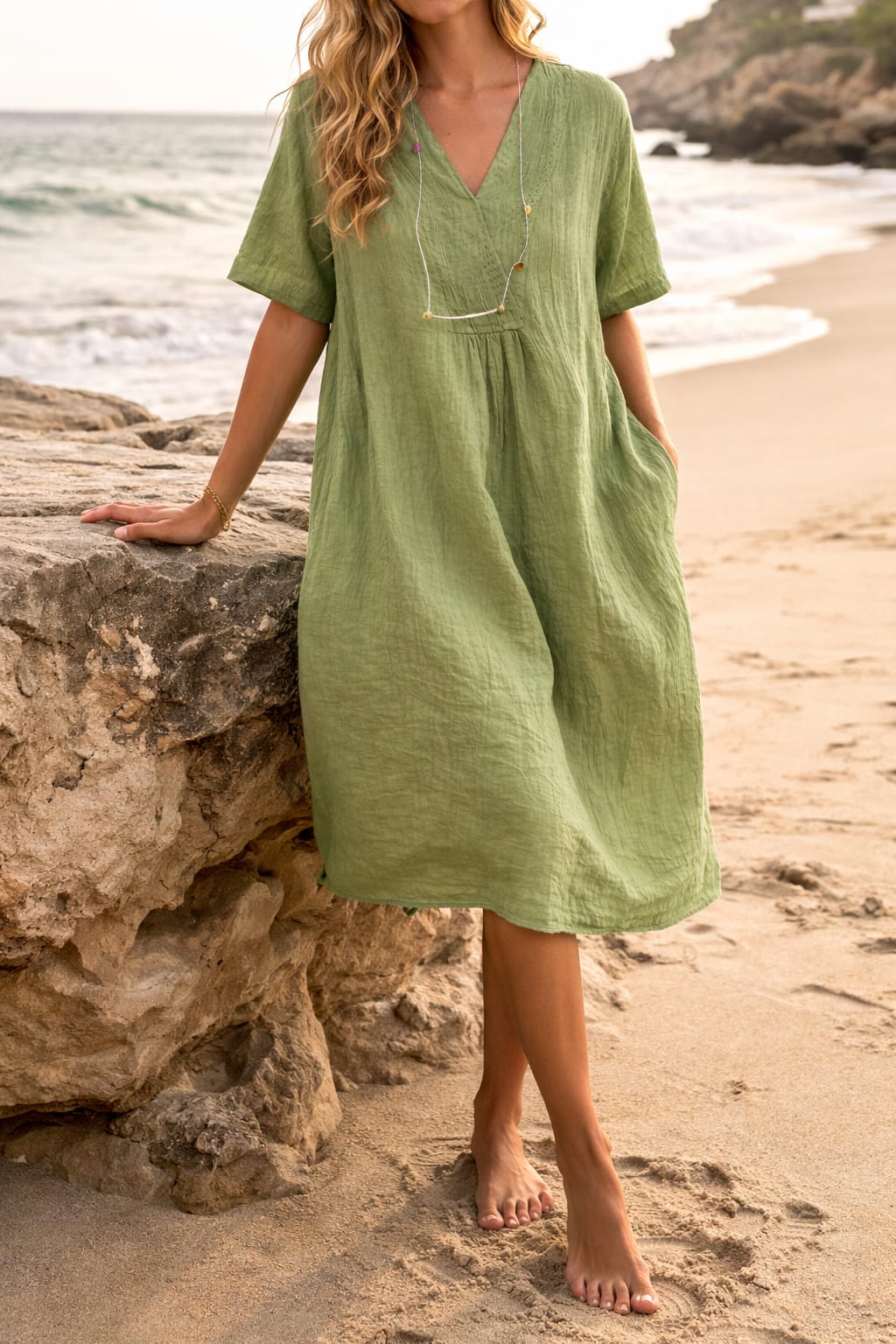 Robe Midi en Lin Col V à Poches – Vert