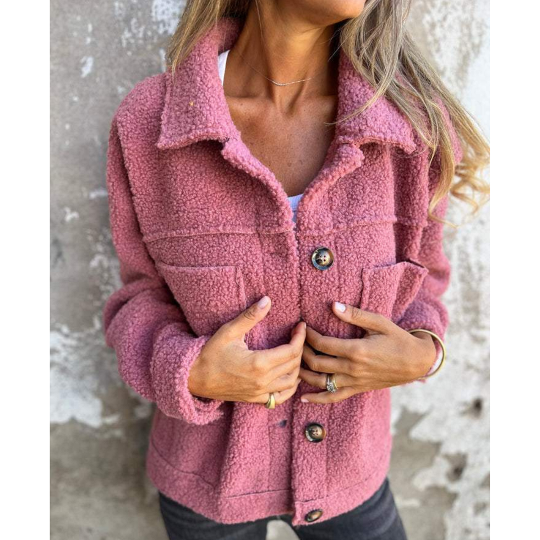Veste Courte Bouclette Boutonnée à Col Revers – Rose