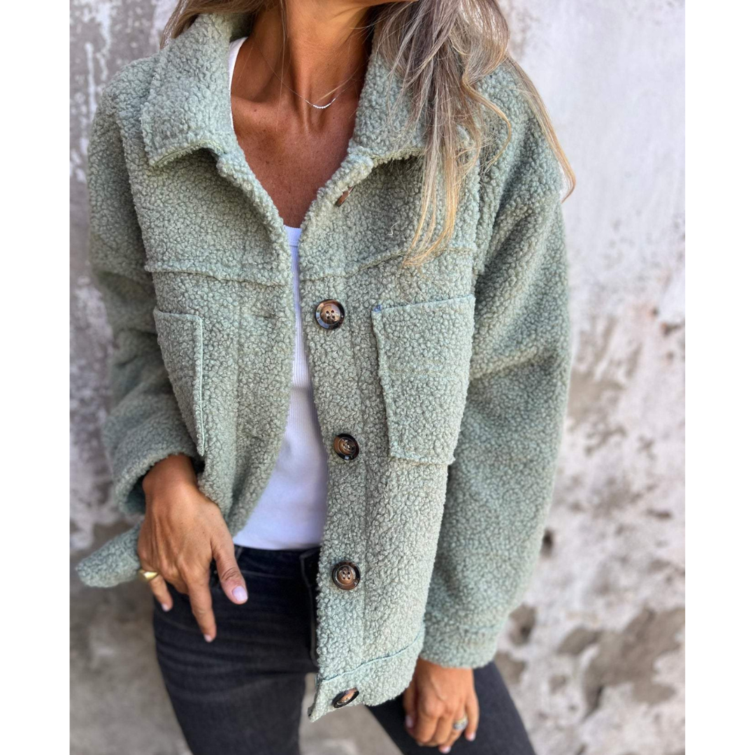 Veste Courte Bouclette Boutonnée à Col Revers – Vert sauge