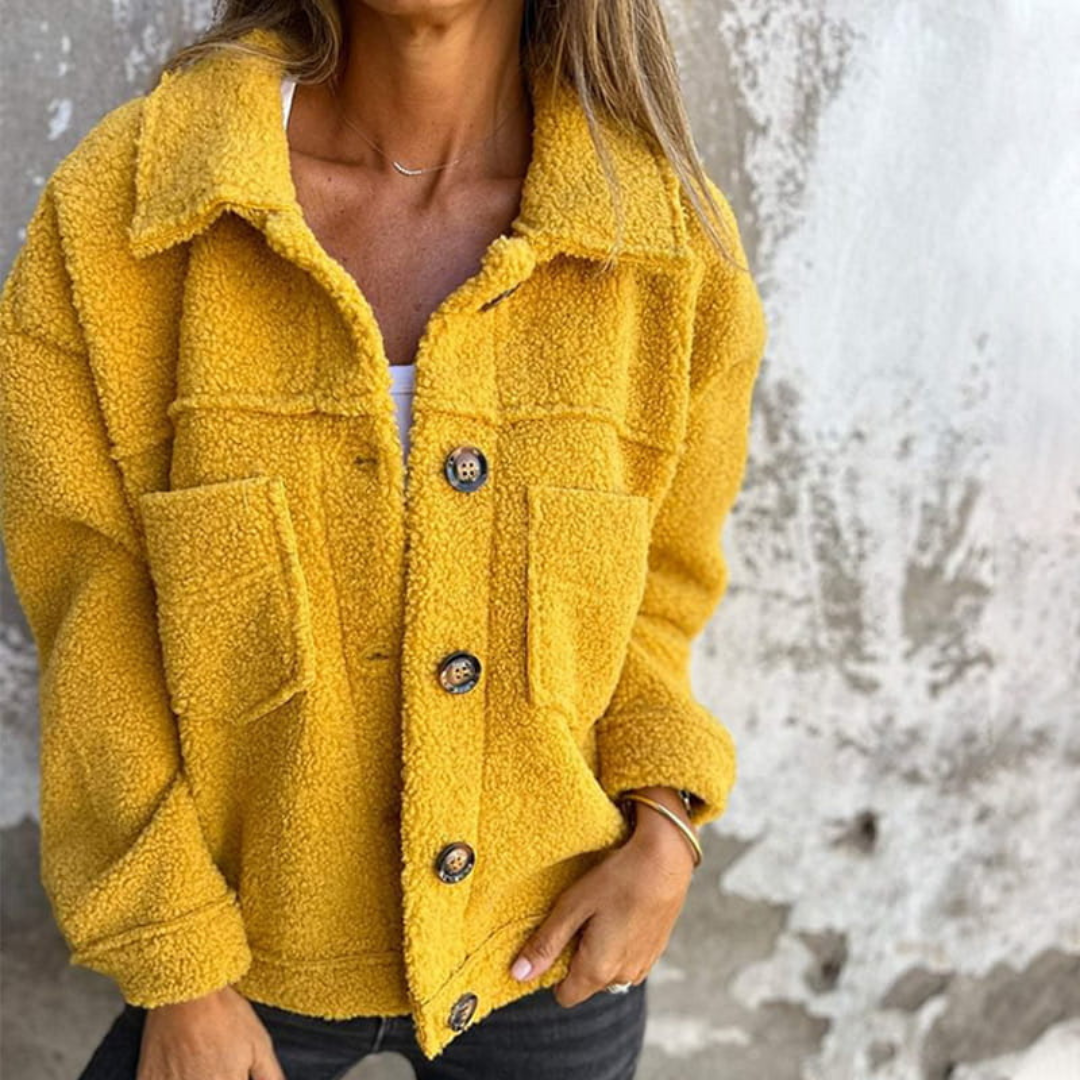Veste Courte Bouclette Boutonnée à Col Revers – Jaune