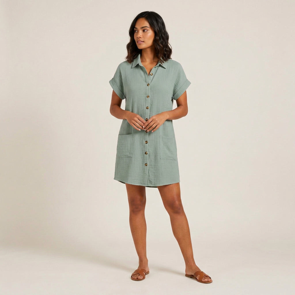 Robe Chemise en Gaze de Coton à Boutons Bois – Vert sauge