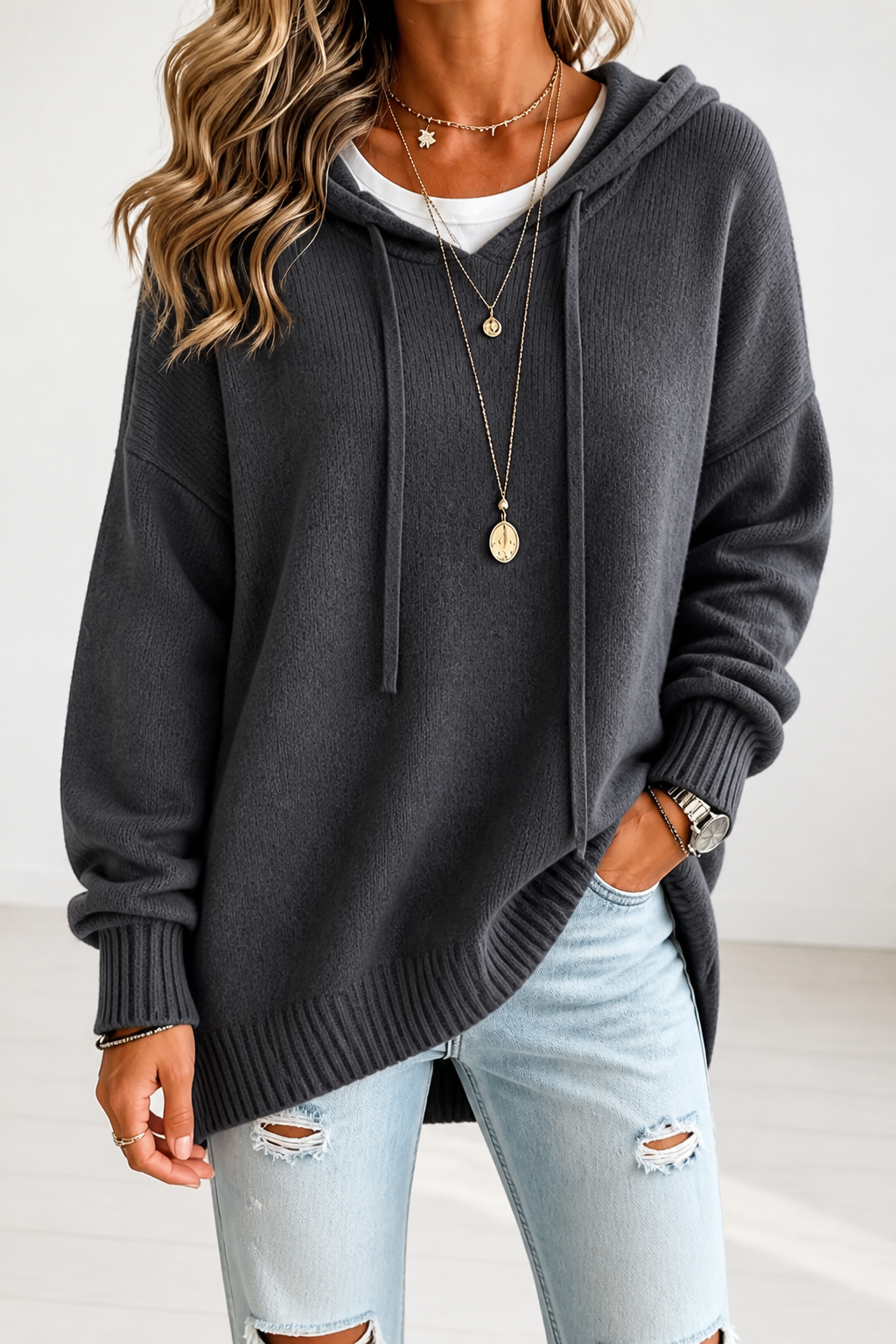 Pull Oversize à Capuche en Maille Acrylique – Gris foncé