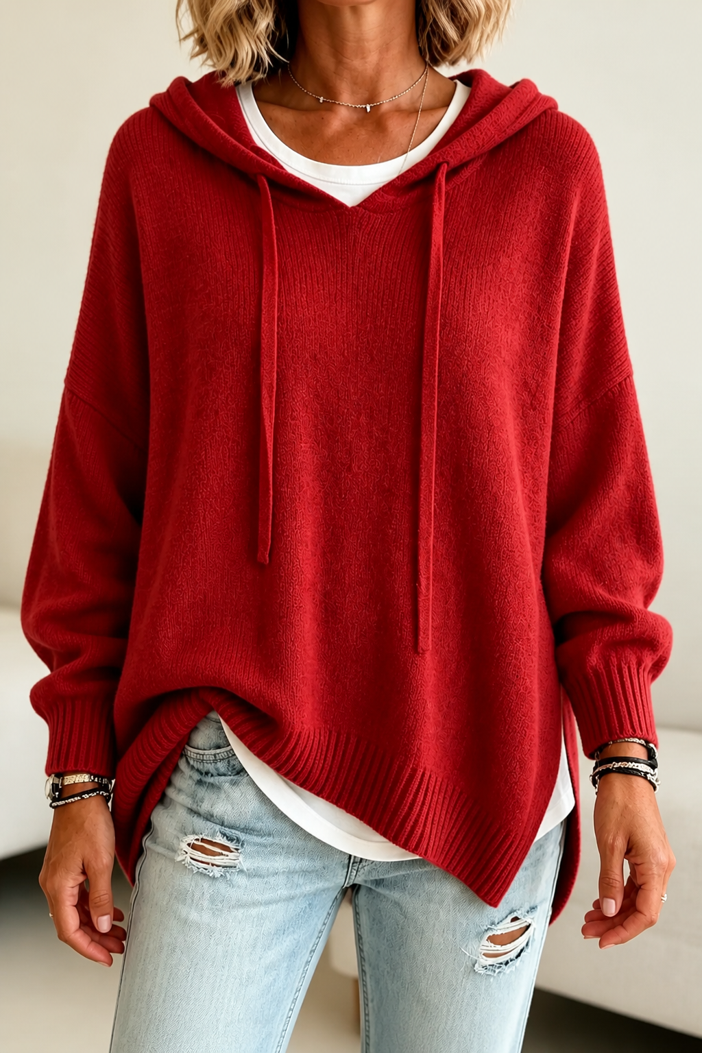 Pull Oversize à Capuche en Maille Acrylique – Rouge