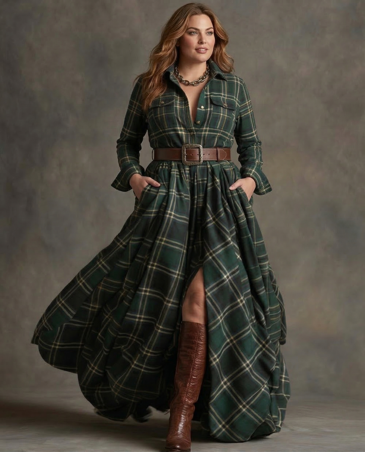 Robe Chemise à Carreaux avec Ceinture et Poches – Vert