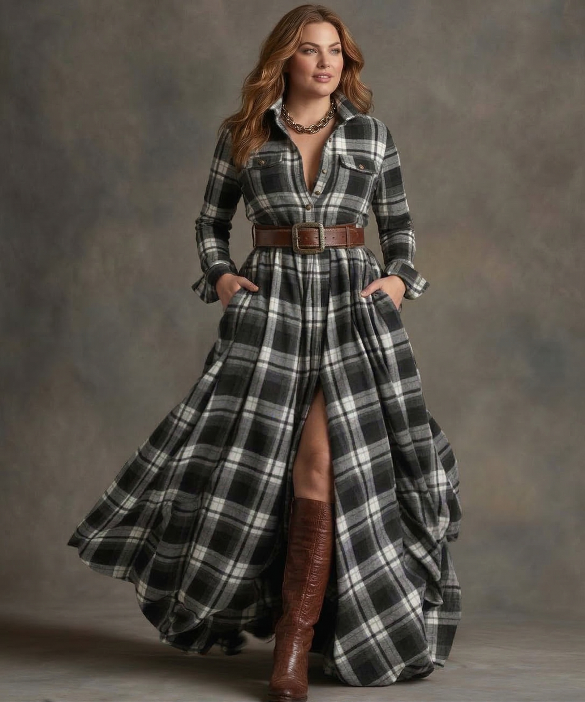 Robe Chemise à Carreaux avec Ceinture et Poches – Noir