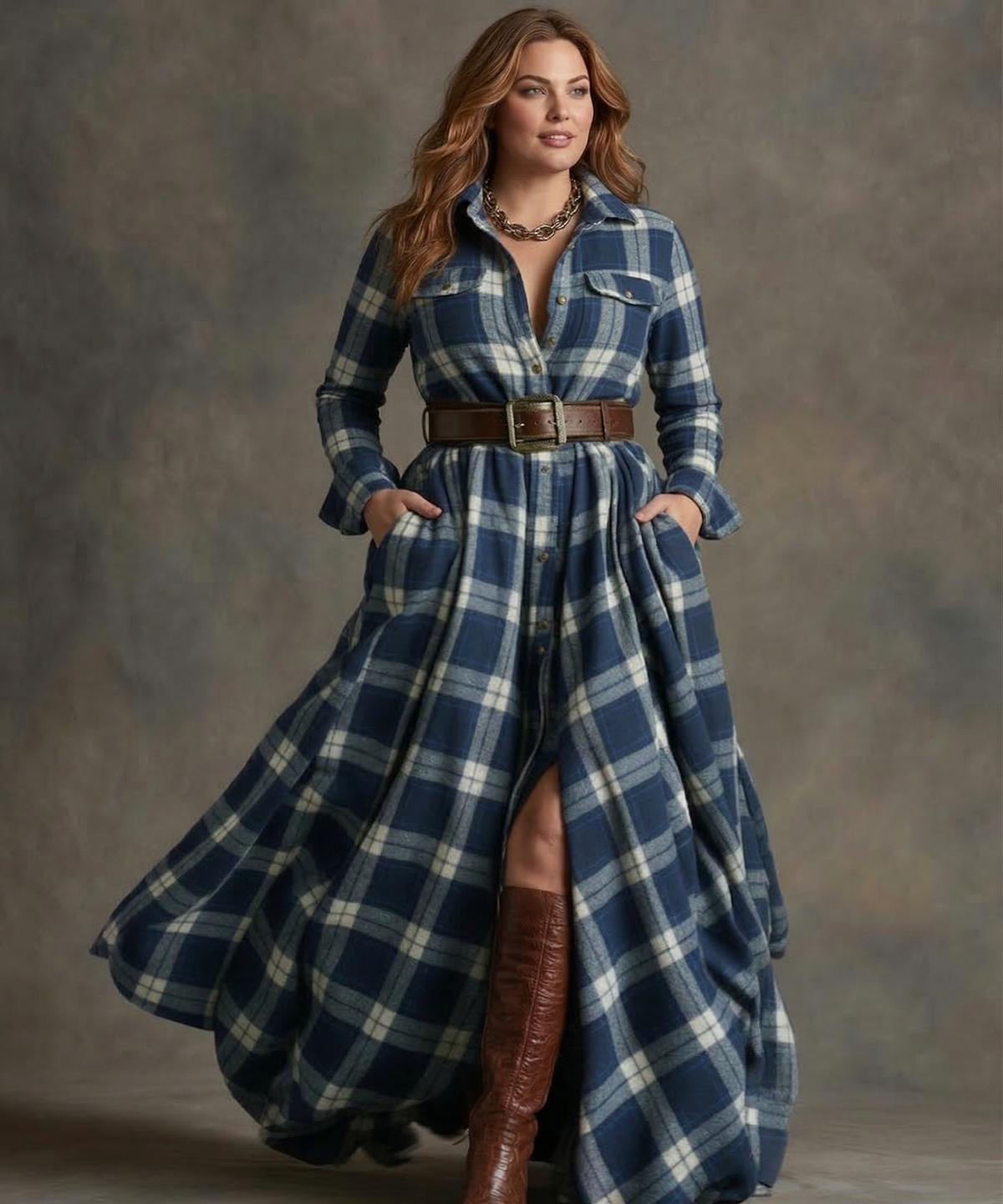 Robe Chemise à Carreaux avec Ceinture et Poches – Bleu