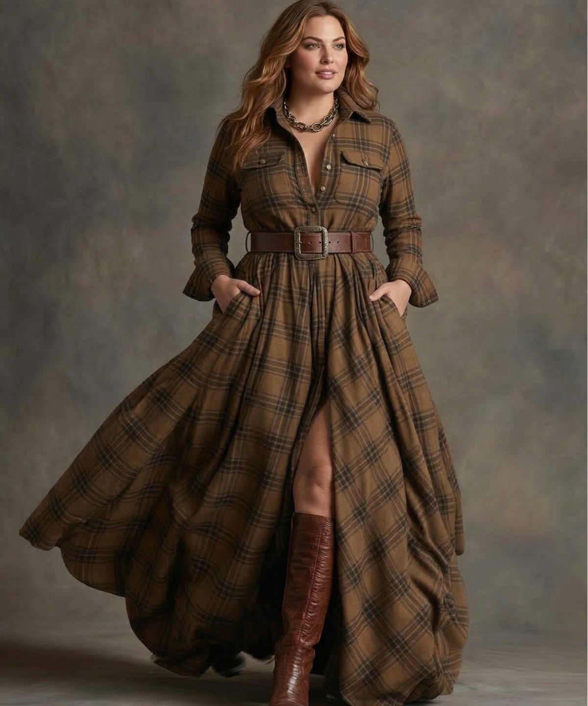 Robe Chemise à Carreaux avec Ceinture et Poches – Marron
