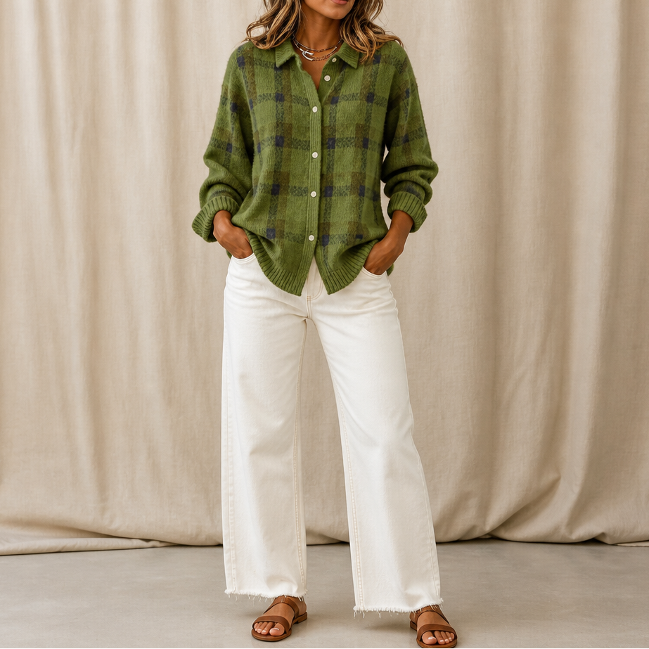Gilet à Carreaux Col Chemise Boutonné – Vert olive