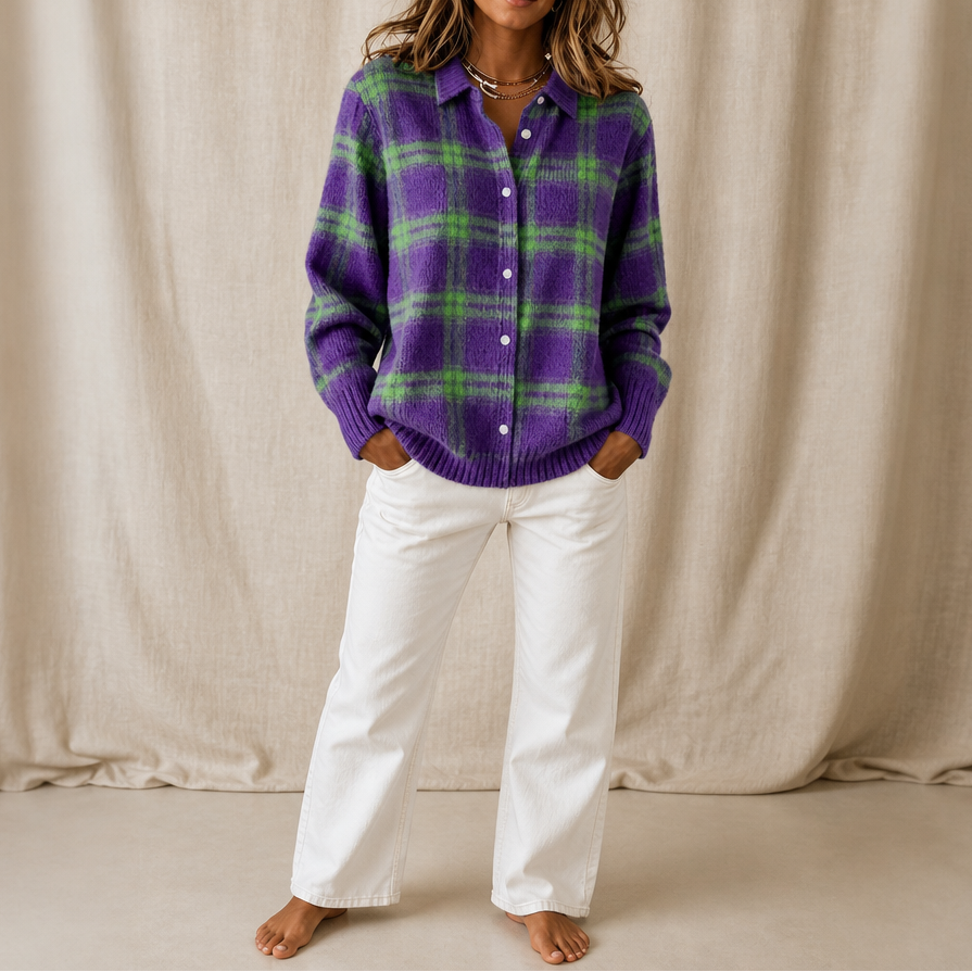 Gilet à Carreaux Col Chemise Boutonné – Carreaux violet et vert