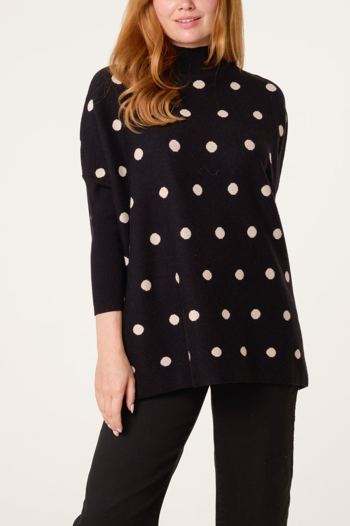 Pull à Pois Manches Chauve-Souris – Noir à pois beige