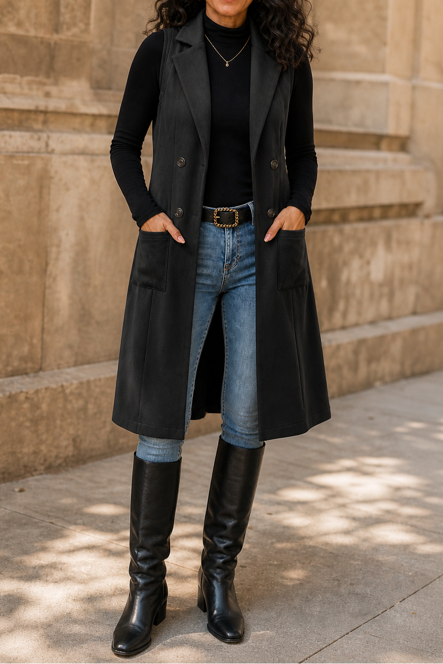 Gilet Long Sans Manches Devant Ouvert – Noir