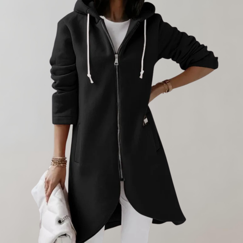 Gilet Long Zippé à Capuche en Coton Mélangé – Noir