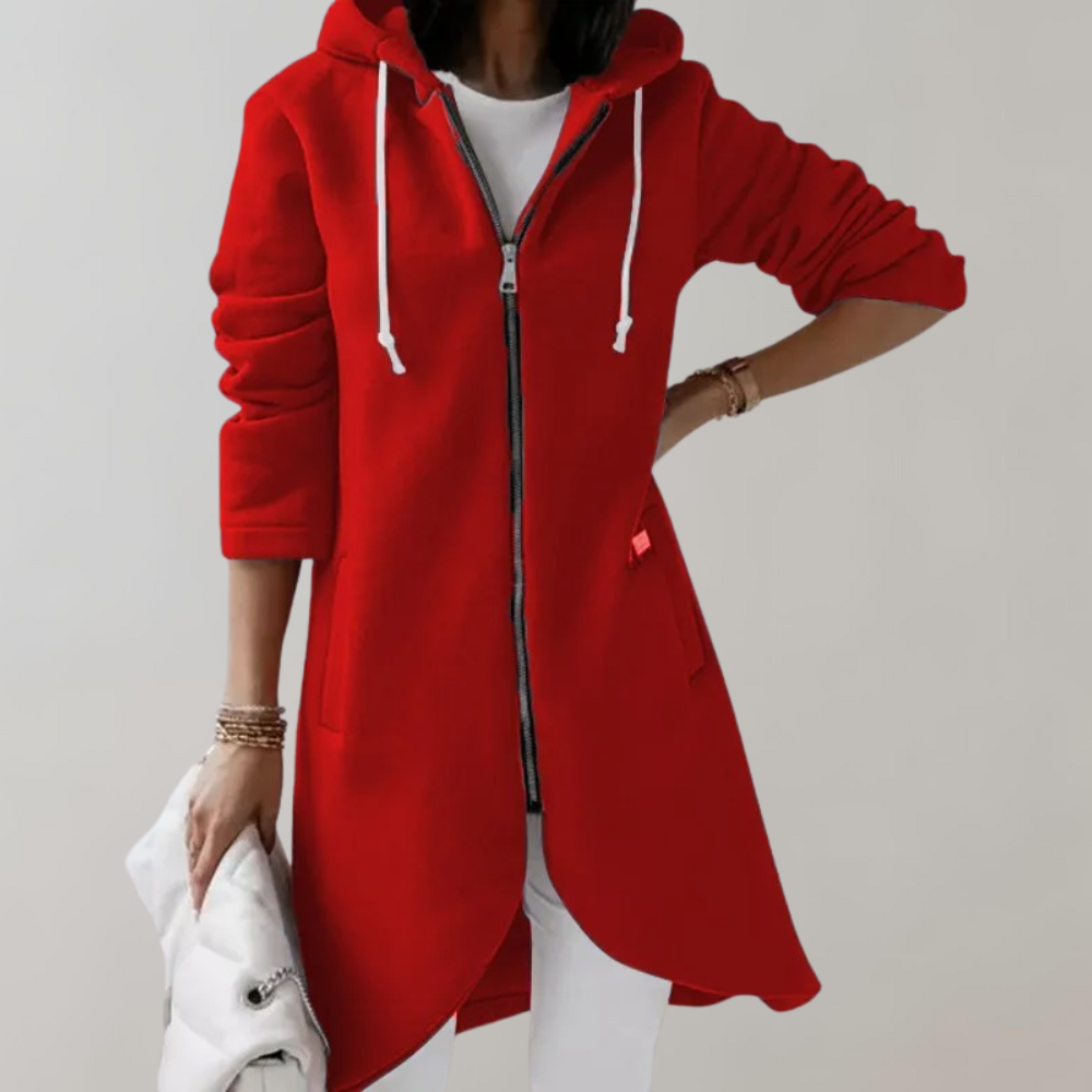 Gilet Long Zippé à Capuche en Coton Mélangé – Rouge