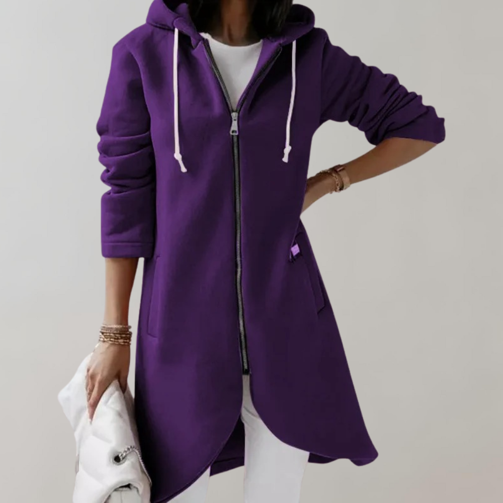 Gilet Long Zippé à Capuche en Coton Mélangé – Violet